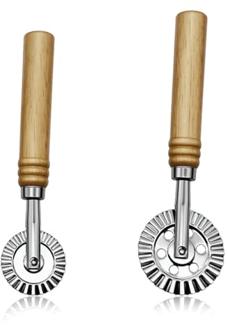 BLPRKOT 2 Pezzi Rotella Tagliapasta in Acciaio Inox con Impugnatura in Legno Antiscivolo, Taglia Pasta Dentata per Sfoglia a Mano Multifunzionale,per Pasta Fatta in Casa, Ravioli Tortelli Cappelletti