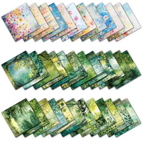 FOSDICK 36 Blatt Grün Wald Scrapbook Papier Blumen Muster, Wald Scrapbooking Papier, 15x15cm Scrapbook Zubehör Dekorpapier, Baum Blumen Motivpapier, Decoupage papier für Journal Scrapbooking Fotoalbum
