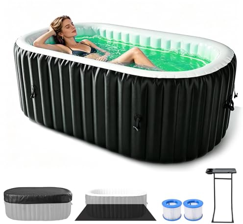 Meulbaty Inflatable Hot Tub, Blow Up Portable Hot Tub, Leak-Proof PVC Outdoor Spa with Strong Air Jets, Heater Pump and Insulated Cover 2 Person Oval with LED Lights and Side Table 190x120x63.5cm