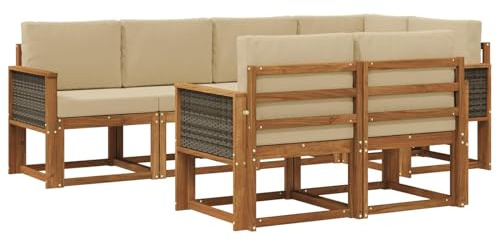 vidaXL Outdoor-Sofagarnitur mit Kissen 7 pcs Natur und Beige Polyester, Stylisches Outdoor-Sofa-Set, Moderne Gartenmöbel, wetterfestes Akazienholz, modulares Sitzen für Terrasse und Lounge