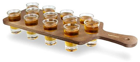 bar@drinkstuff Pine Shot Paddle Board with 12 Essence Shot Glasses - Drinks Paddle with Shot Glasses
