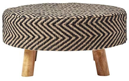 Homescapes Jute-Hocker rund 62x30 cm – Flacher Fußhocker mit Massivholzbeinen & Ethno-Muster in Schwarz-Natur, Schemel mit Stoffbezug, handgefertigt aus Naturmaterialien