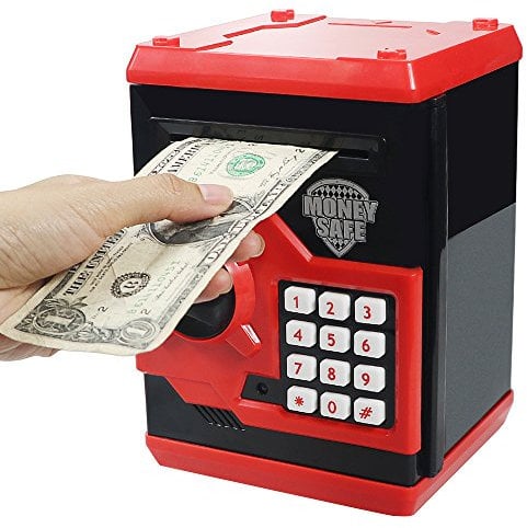 HUSAN Tirelire électronique avec Automatique Argent Faire défiler, Mini ATM Coffre-Fort,Économiser de l'argent Jouet pour Les Enfants, Anniversaire Cadeau de Noël pour garçons et Filles (Rouge)
