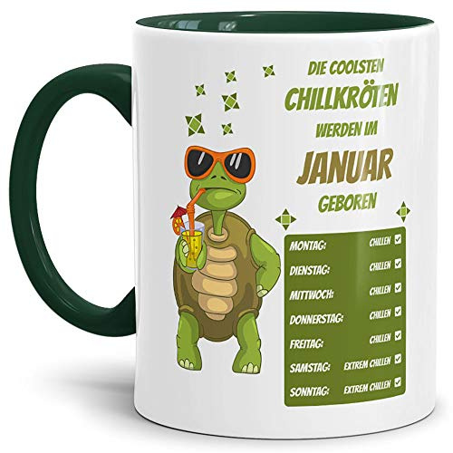 Tassendruck Geburtstags-Tasse Die Coolsten Chillkröten Werden im Januar Geboren Innen & Henkel Dunkelgrün - Mug/Cup/Becher/Lustig/Witzig/Geschenk-Idee