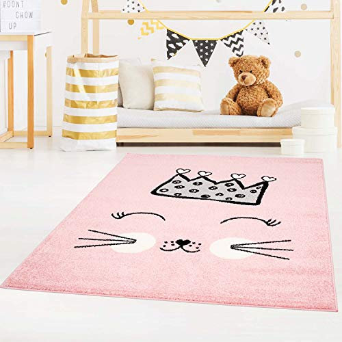 carpet city Kinderteppich Bubble Kids Flachflor mit Katze und Krone in Rosa für Kinderzimmer; Größe: 160x225 cm