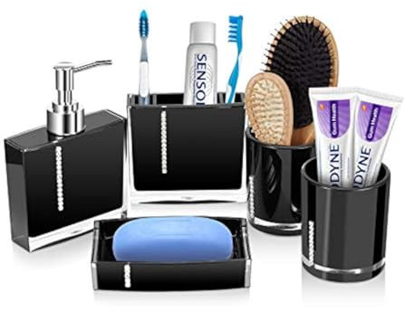 EBTOOLS Set di 5 Accessori da Bagno in Acrilico, Accessori da Bagno con Porta Sapone, Porta Spazzolini, Dispenser per Sapone Liquido e 2 Bicchiere per Spazzolino, Nero