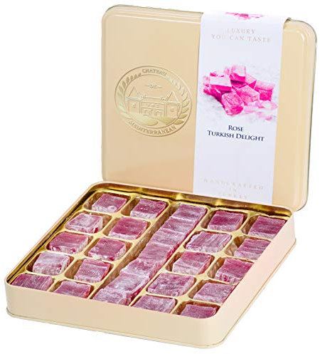 Chateau De Mediterranean Rose Turkish Delight - 500 g | Floral Flavour Lokum Dessert | Approx 26 Pieces | Gourmet Gift Box Tin | Handmade in Turkey Using Real Rose Petals Following Traditional Recipe