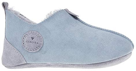 Vanuba Oxford Schaffell Lederpuschen Baby Hausschuhe Kinder Unisex Schlappen Kindergarten Schläppchen Pantoffeln Kinder – Größe: 24, Farbe: Grau