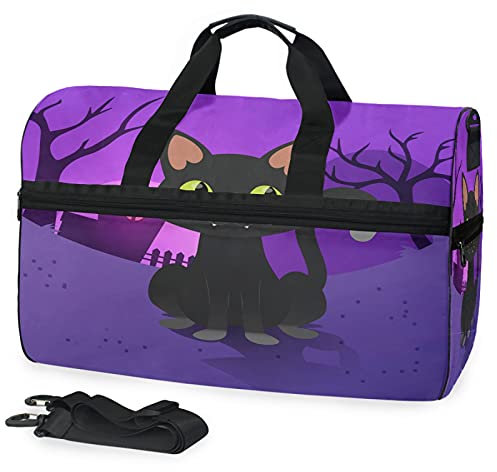 Schwarze Katze Lila Sporttasche Badetasche mit Schuhfach Reisetaschen Handtasche für Reisen Frauen Mädchen Männer