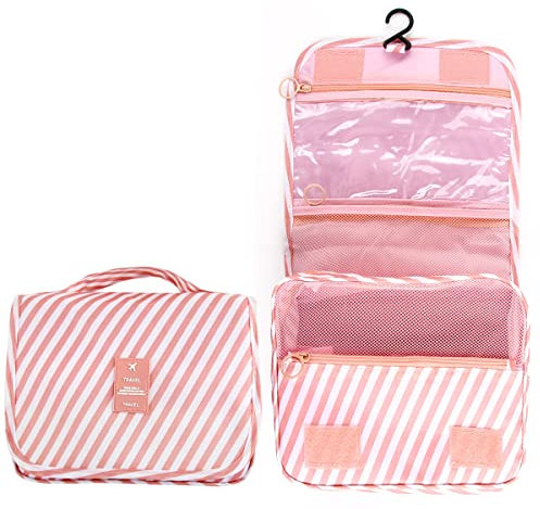 Discoball Trousse de toilette de voyage à suspendre, pliable et étanche avec crochet pour organiseur de voyage pour femmes et filles (rayures roses)