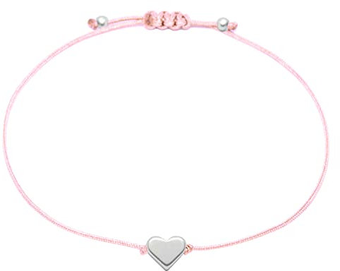 Selfmade Jewelry Armband Damen Herz Silber Handmade Makramee Armbändchen mit Herzchen Größenverstellbar Inkl. Geschenk-Verpackung (Silber - Rosa)