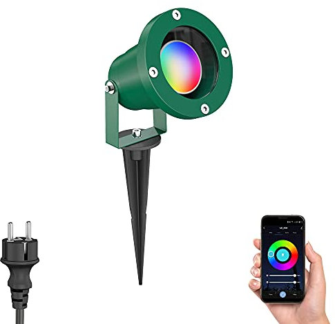 ledscom.de Gartenstrahler DUK mit Erdspieß für außen, IP65, Stecker, grün, inkl. Smart Home RGBW GU10 LED Lampe 473lm