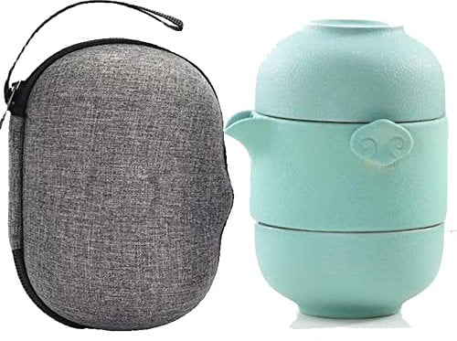 TAMUME Travel Tea Set for 2 Persons Porcelain Teapot and Tea Cups with Portable Travel Pouch (Green)