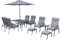 Grey 11pc Reclining Dining Set with Padded Cushions - 6 Seat Outdoor Garden Patio Backyard Furniture Set - including Reclining Chairs, Parasol, Stools, Side Table and Dining Table with Glass Top