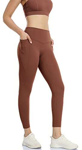 icyzone Damen Sport Leggings 7/8 Hohe Taille Yoga Sport Hose Gym Fitness Leggins mit Tasche (M, Copper Brown)