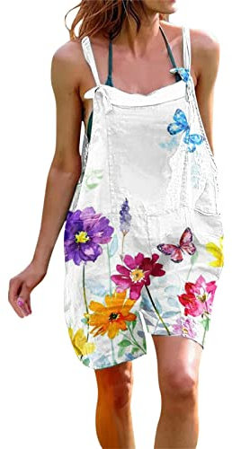 Salopette Femme décontracté été Coton Lin Barboteuses Salopette Combinaison Short Ample Sangle Globale sans Manches Combinaisons
