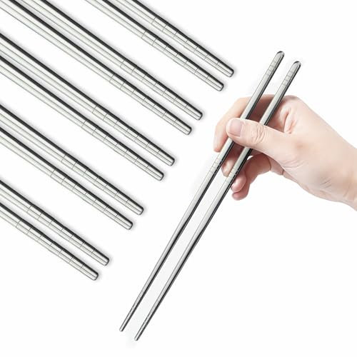 IQCWOOD Lot de 5 paires de baguettes en métal en acier inoxydable 304, légères, antidérapantes, réutilisables, passent au lave-vaisselle (argenté)