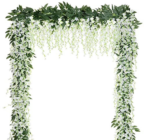 LUWENER 2pcs 7FT Blumengirlande künstliche Glyzinien Girlande, Künstliche Blume Girlande Wisteria Hängende Blumen Rebe Bluerain für Home Wedding Party Garten Dekoration (weiß)