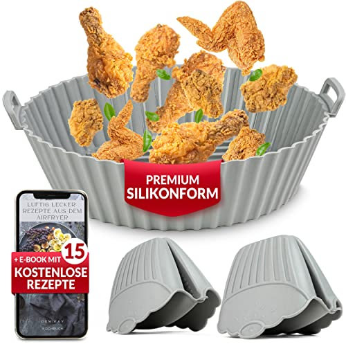 Demikay® - Silikonform für Heißluftfritteuse [Gratis Silikonhandschuhe & E-Book] - Silikon Airfryer, Frymate, Airfryer Silikonform, Airfryer Backpapier Silikon, Auflaufform für Heißluftfritteuse