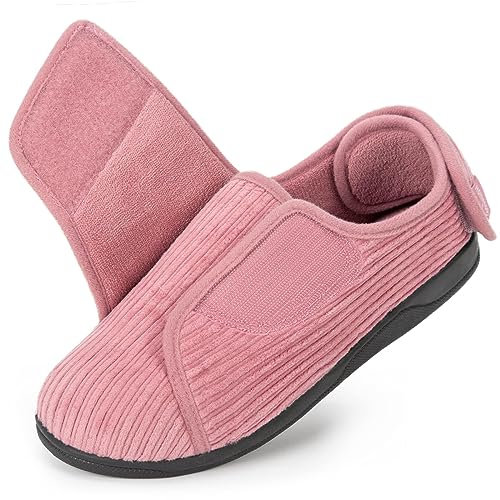 HomeTop Women's Corduroy Slippers Comfy Adjustable Hook and Loop Memory Foam Indoor Closed-back House Shoes for Diabetic Swollen Feet Pink, 5 UK