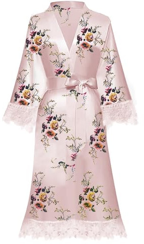 Y WJing Yi Jia Robe de chambre kimono florale pour femme - Robe de chambre de mariée en soie - Robe de nuit en satin - Style court - Robe de matinée - Bordure en dentelle - Kimonos, Rose pâle-B, 3XL
