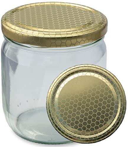 Imkado Twist-Off-Gläser (96 Stk) mit Metalldeckel (500g), abgerundeter Boden (Deckel Gold Waben)