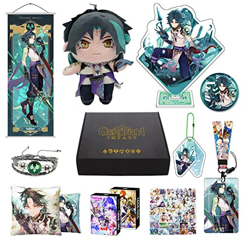 HALOOP Genshin Impact Box Geschenkbox Merch Set mit 11 Figurinen, Xiao (Genshin Impact) Plush Poster Acrylic Stand Aufkleber Set, Sammlung für Traveller Fans (Xiao)
