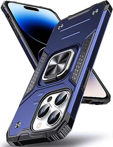DASFOND Armor Hülle für 15 Pro Case, Stoßfeste Militär Handyhülle [Upgrade 2.0] 360 Grad Metall Ring Halter Ständer Schutzhülle [mit Auto-Magnet], Blau
