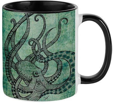 Giftme Beautiful Green Octopus Art Painting Porcelain, 11oz Inside Coloured Ceramic Mug. (Black)