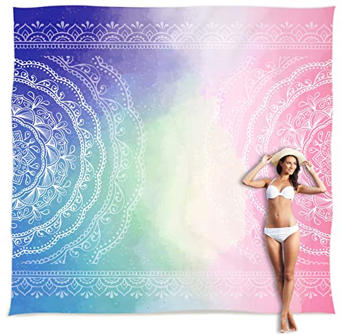 Sunlit Seidig weiche Stranddecke, sanddichte Matte mit Ecktaschen, Netztasche, Strandparty, Reise, Camping und Outdoor-Musikfestival, blaues und rosa Mandala, 305 x 274 cm