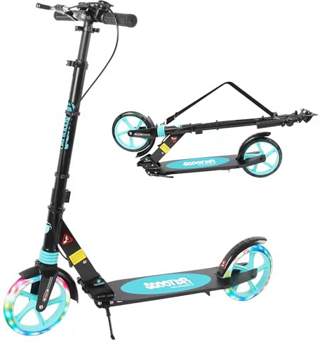 TENBOOM Scooter for Kids Ages 8-12 and Adult, LED Light Wheels Scooter for Kids, Fast Folding Hand Brake Adult Kick Scooters with Bike Bell, Height Adjustable City Scooter,Up to 100 kg, Black