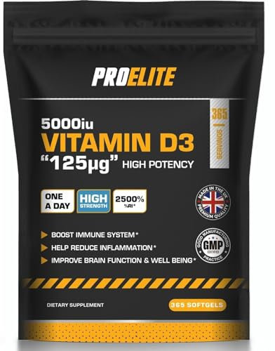 Vitamin D3 5000 iu - Vitamin D 365 Softgels Supplements 1 Year Supply - Immune Support, Optimal Absorption - Year-Round Wellness for Bone Health and Vitality by PROELITE