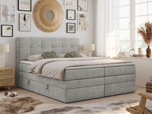 MKS MEBLE King Boxspringbett Grau 140x200, Polsterbett 140x200 mit Bettkasten, Bett 140x200 mit Multipocket-Matratze H4, Boxspringbett 140x200 mit Kopfteil und Topper - H4 Hellgrau Struktur - Luka