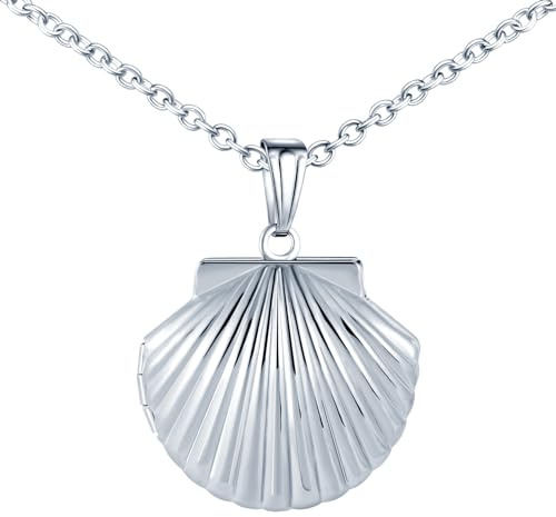 MICMIF Edelstahl Muschel Bilder Medaillon Personalisierte Kette Muschel Anhänger Foto Halskette | Kette Damen Amulett Medaillon für 2 Bild mit 50cm Kette für Mama Freundin & Frauen