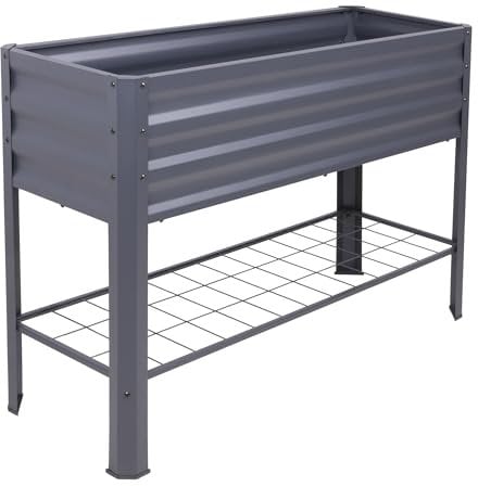 Aiuola rialzata in metallo antracite con tessuto non tessuto – 114 x 41 cm – allevamento aiuola autoportante con griglia – Fioriera da giardino – aiuola per la coltivazione di erbe aromatiche con