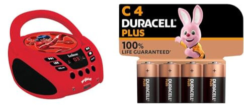 LEXIBOOK-MiraculousLecteurCD,PriseMicro,EntréeLine-in,PileouSecteur,Rouge/Noir,RCD108MI + Piles C Duracell Plus (Lot de 4) - Alcalines 1,5V - Durée de Vie Garantie à 100% - Idéales pour Les appareils