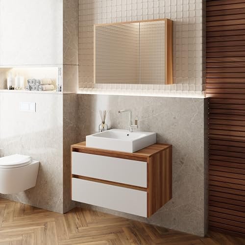 Badezimmermöbel Set 3 teilig Loon | Keramikwaschbecken | Spiegelschrank | Unterschrank | Softclose-Schubladen | unsichtbare Griffe| Natürlicher Stil| Weidenholz Furnier | Waschtischunterschrank