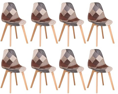 TTATC 8er-Set Esszimmerstühle, Patchwork-Stühle, Moderne Küchenstühle, Holzbeine, Weicher Mehrfarbiger Sitz, für Küche, Wohnzimmer, Café, Braun