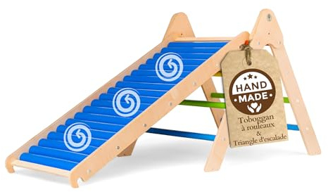 WoodsCraft 2in1 Montessori Set: Toboggan Interieur Enfant & Triangle Escalade Enfant | Glissière à Rouleaux pour Expérience Sensorielle Étonnante | Toboggan Enfant & Bebe | Tobogan Medium