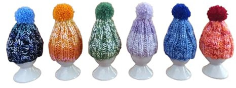 6 er Set Eierwärmer mit Puschel Pompom handgestrickt Pudelmütze viele Farben bunt reine Handarbeit Handmade gestrickt Geschenk Idee Muttertag