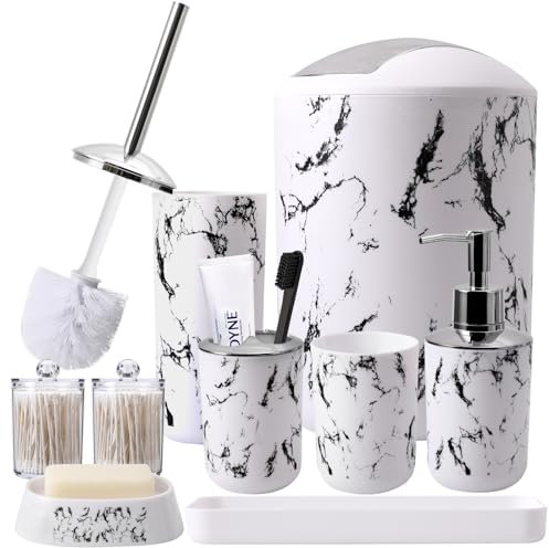 XLHOMO White Marble Bathroom Accessories Set With Trash Can, Vanity Tray, Soap Dispenser, Dish, Toothbrush Holder, Cup, Toilet Brush and Qtip Holders