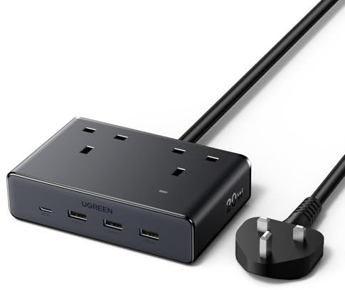 UGREEN Extension Lead with 4 USB Slots, 2 Way 2990W Max Multiple Plug with 1.5m Extension Cable, Compatible with iPhone 16/15/14, iPad Pro/Mini, Suitable for Home/Office