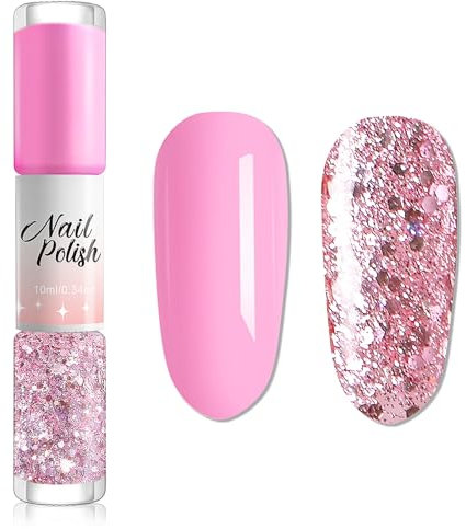 Light Pink Nail Polish & Glitter Nail Varnish - 2-in-1 Pale Pink Nail Polish Quick Dry - Shiny Flash Sparkly Nail Polish No Chip Long Last - No Bake Breathable Nail Polish Nail Art