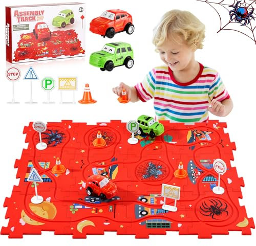 Floor Puzzles Toys for 3 4 5 6 Year Old Kids,Puzzle Racer Kids Car Track Set with 2 Vehicles,Montessori Car Track Toys for Boys Girls Age 3-6,Birthday for 3 4 5 6 Year Old (Type-A)