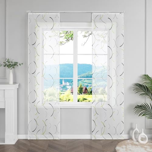 ESLIR Schiebegardinen Voile Flächenvorhänge Set 2er Schiebevorhang mit Klettschiene Wohnzimmer Gardinen mit Klettband Gardinenschals mit buntes Linienmuster Grün BxH 57x245cm 2 Stück