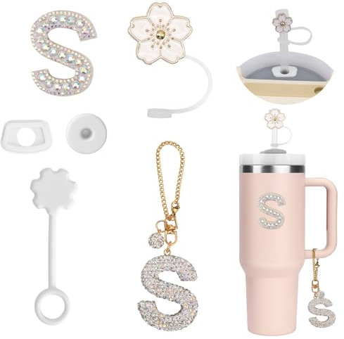 6PCS Personalisierte Tumbler Zubehör für Stanley Cup,Stroh Cover,Initialen Dekorationen für Tumbler,Buchstaben Aufkleber,Buchstaben Charm und Leck Stopper für Stanley Cup (S)