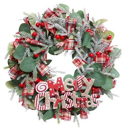 Joievievie 40 cm Künstlicher Adventskranz, Schnee, Merry Christmas, Stechpalmenbeere, Weihnachtsgirlande, Weihnachtsdekoration
