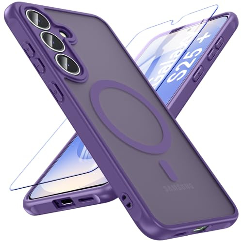 OWKEY Magnetisch Hülle für Samsung Galaxy S25 Plus/S25+ 5G,Durchscheinend Matt Schutzhülle für MagSafe mit Schutz Glas,Dünn Anti-Fingerabdruck Handyhülle für S25 Plus(Violett)