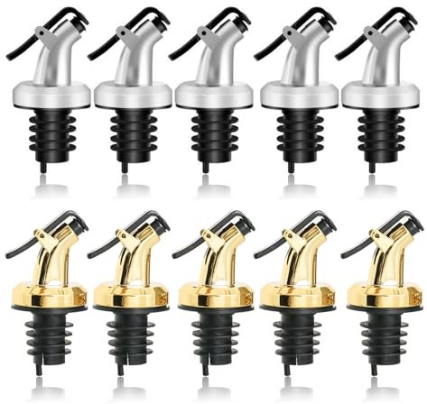JSUOEO 10 Pcs Oil Pourer Spout, Bottle Speed Pourers with Dust Cap Olive Oil Leak-Proof Dispenser for Olive Oil Vinegar Bottles Soy Sauce Wine Syrup Drinks (Gold, Silver)