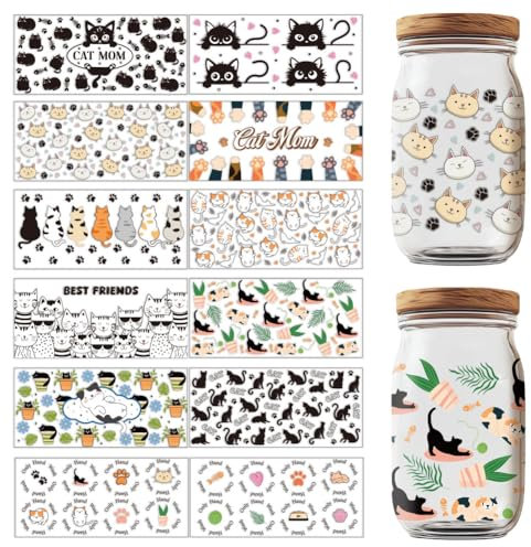 GOMAKERER 12 Blatt Transferaufkleber Rubbel Transferpapier Mit Katzen Und Tiermotiv UV DTF Cup Wraps Aufkleber Wasserfester Druck UV Transferpapier Für Glasbecher Möbel DIY Basteln